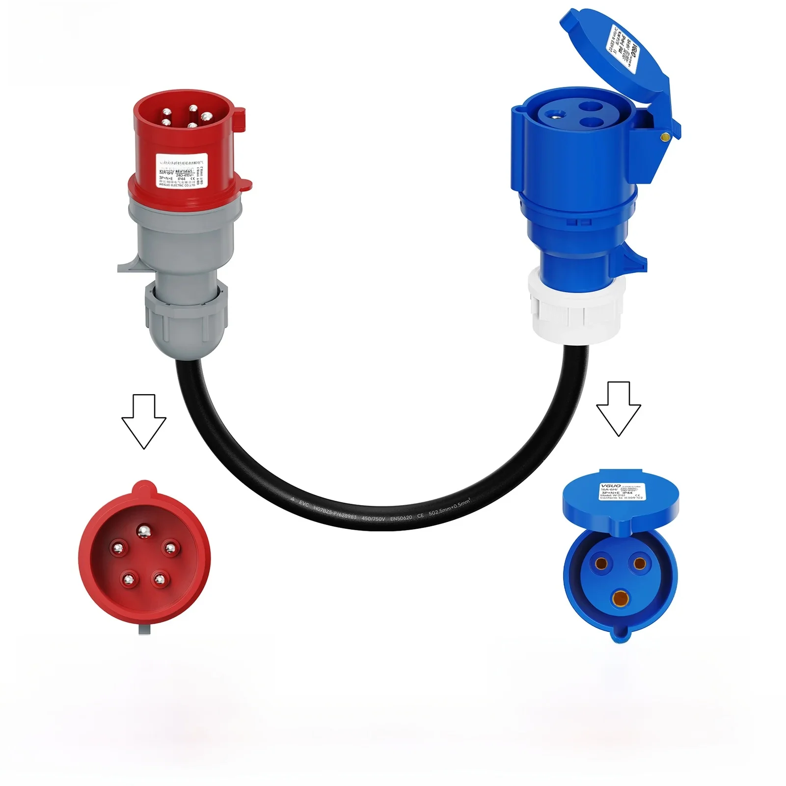 Adaptateur de charge de véhicule électrique, conversion de 22kw à 7kw, 3 phases à 1 phase 32A, CEE rouge mâle, 5 broches, connexion en bleu femelle, 3 broches