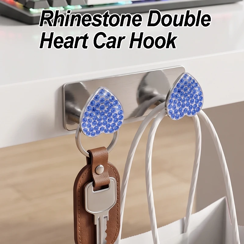 1 pièce Crochet de voiture auto-adhésif en cristal brillant à double cœur, avec strass bleus, roses et argentés, accessoire de rangement intérieur pour femme