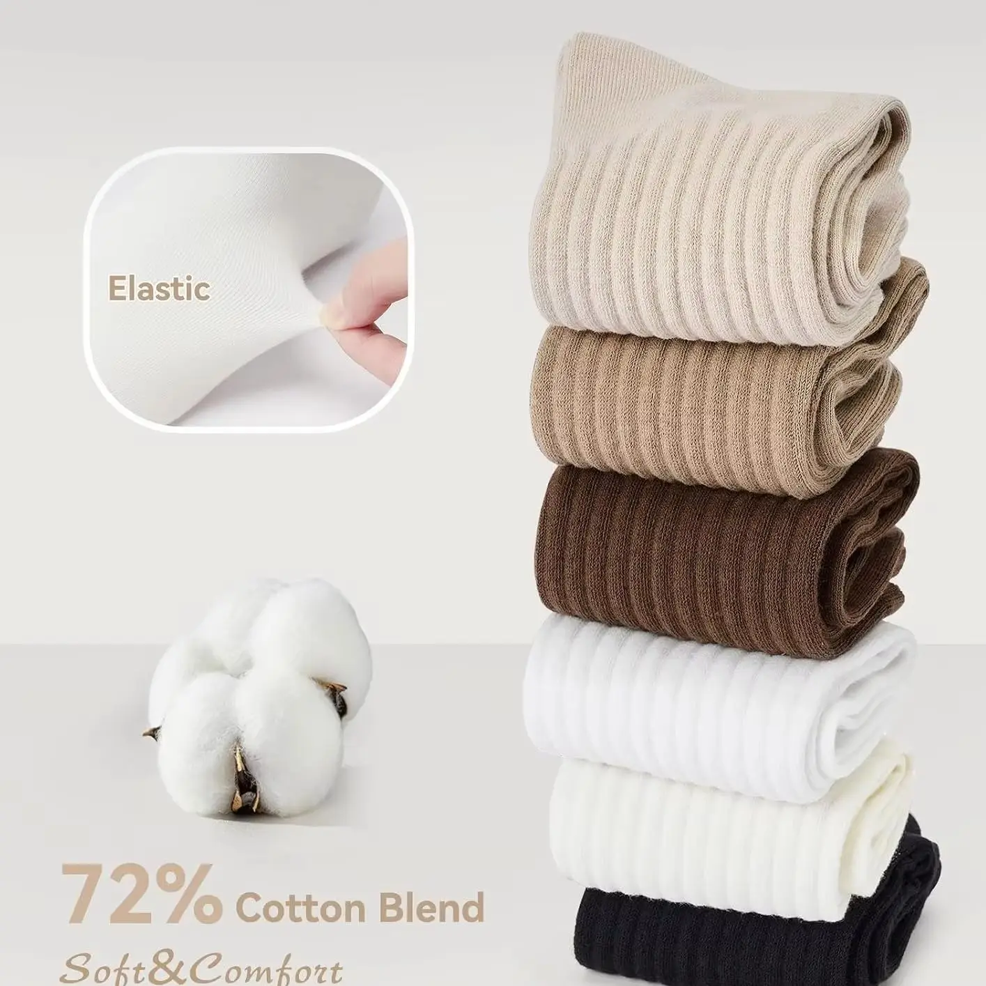 Women Crew Socks, 6 Pairs Cotton Blend Casual Solid Color Mid Calf Socks, Soft Breathable Stretchy Socks for Daily Wear