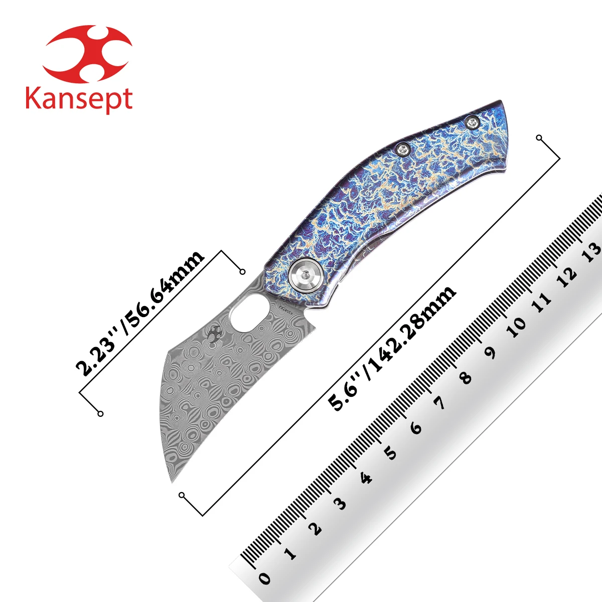 Kansept Osprey K2087A2 2.23'' Damascus + Lightning Strike Anodized Titanium Folding Knife Thumb Hole for Outdoor Adventure EDC