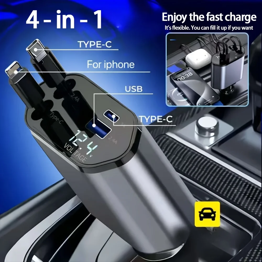 

4-in-1 Rapid Car Charger with Retractable 66W Max66W, Adjustable 180° Plug, Includes 2.6ft Retractable Cable, USB and Type-C