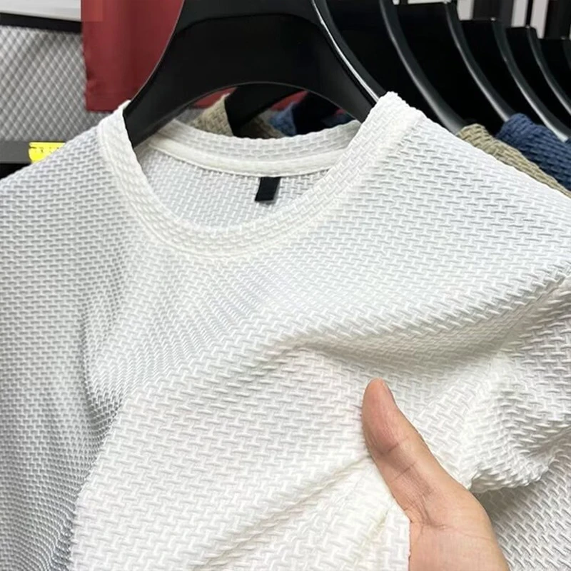 

Bamboo Mesh Ice Silk T-Shirt Men's Short Sleeve Tee Summer Solid Color Cool Breathable Elastic Bamboo Node Round Neck T-Shirt