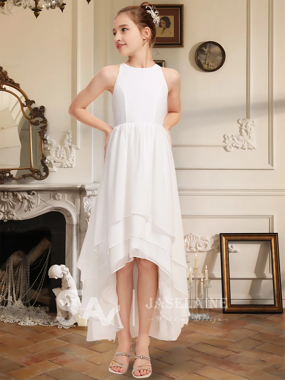 エレガントな A ライン スクープ 非対称シフォン ジュニア ブライズメイド ドレス フラワー ガール ドレス ガールズ パーティー 結婚式 フォーマル オケージョン キッズ