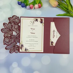 50X Laser Cut Green Navy Blue Leave tri-fold Wedding Invitation Cards Kit Personalized Leaf Pocket Invite Sleeve Customized RSVP