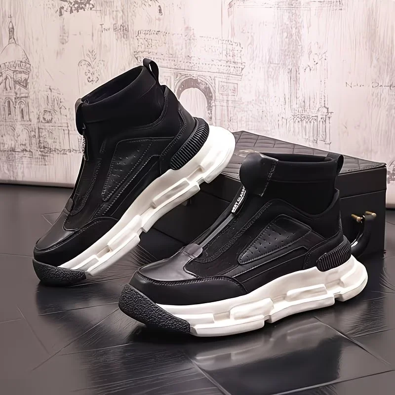 

Men's High-Top Sneakers Zipper Slip-On Non-Slip Thick Sole Platform Walking Shoes Fashion Casual Boots