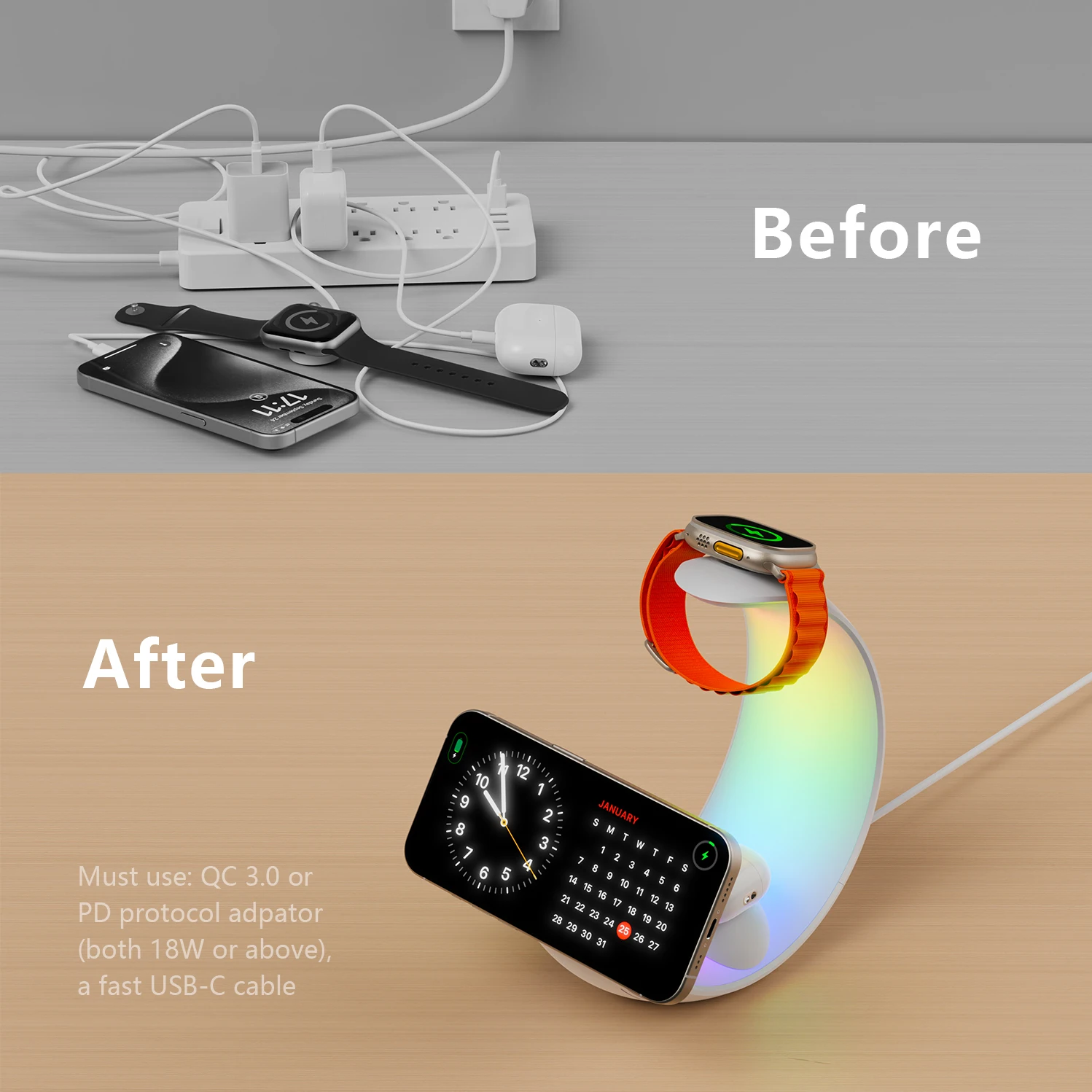 MagSafe Wireless Charger Air Pods Apple Watch Phone Holder For iPhone Samsung iWatch RGB Moon Bedroom Office Night Light Home