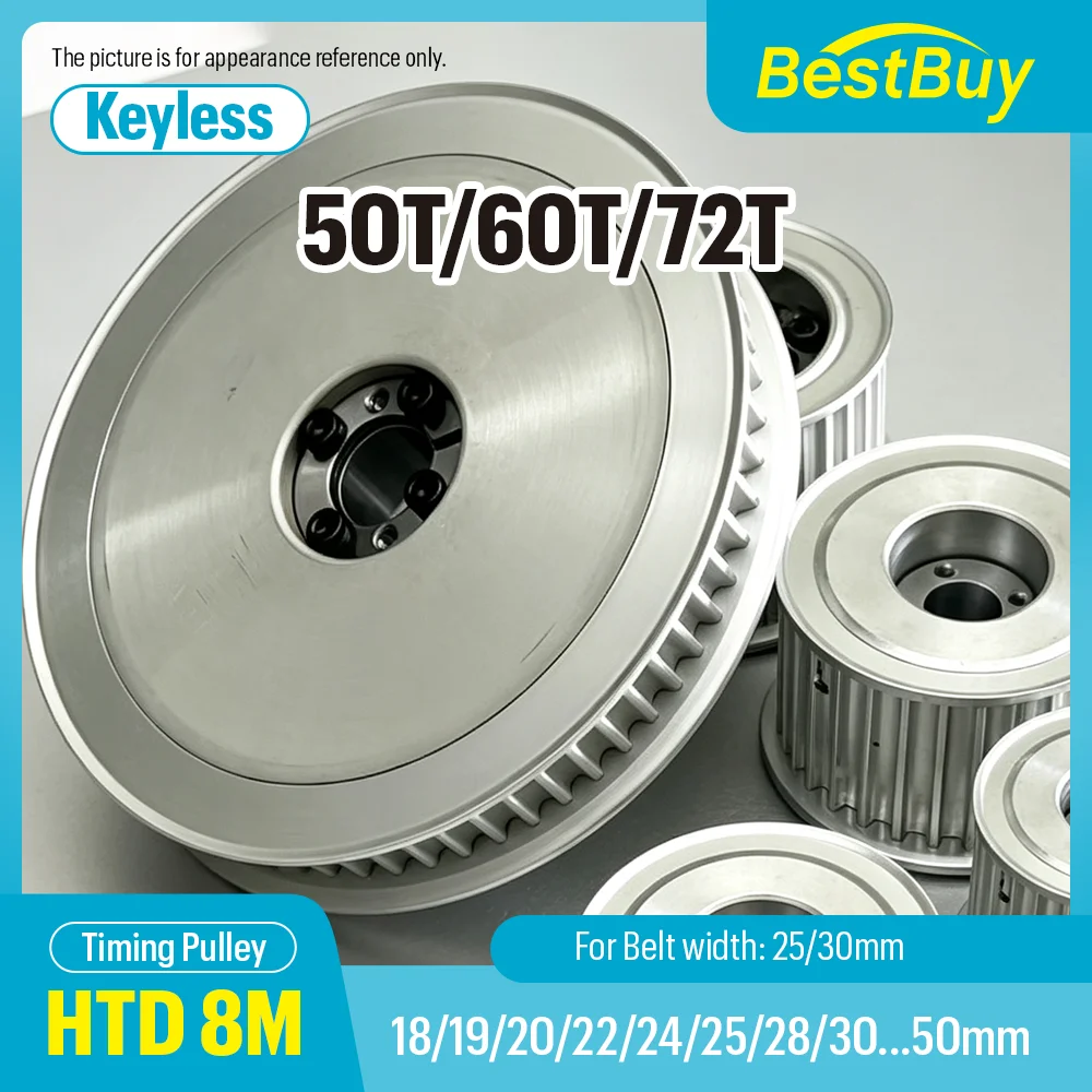 HTD 8M Timing Pulley 50T/60T/72T, Keyless Bushing Bore 18–50mm, for 25/30mm Width HTD 8M Timing Belt