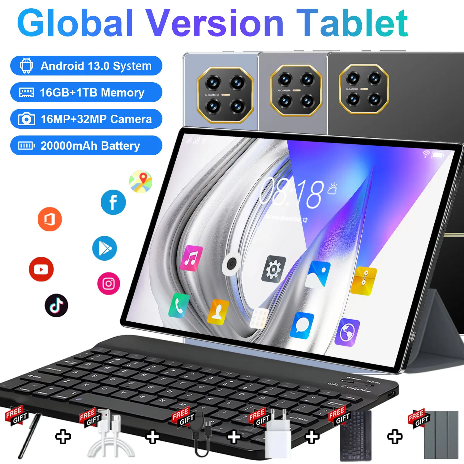 10-Kern 5G Tablet 10,36 Zoll Android 13 16GB RAM 1TB ROM 20000mAh Hochkapazitäts-Akku Dual-SIM GPS-Tablet für Studenten und den täglichen Gebrauch mit Tastatur