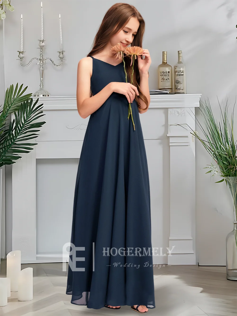 

A Luxurious V-Neck Junior Bridesmaid Dress Midnight Navy Flower Girl Dress Floor-Length Chiffon With Cascading Bow Wedding Party
