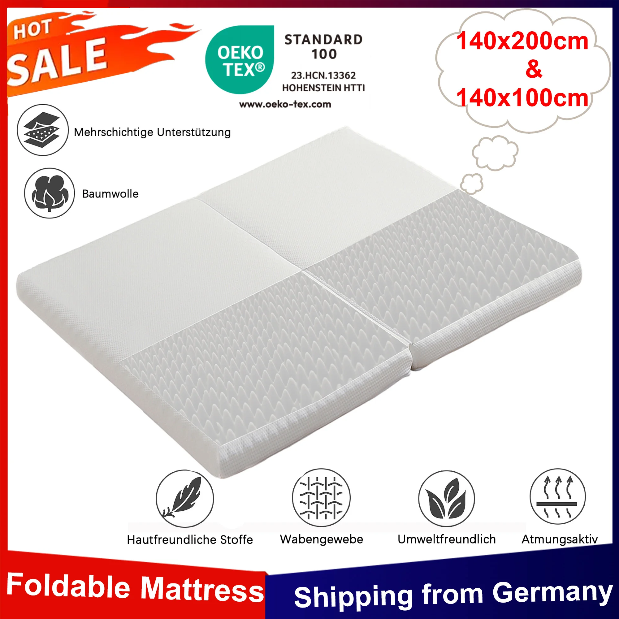 Anajqaqia faltbare Matratze 140 x 200 cm und 140 x 100 cm, Wabenstoff, Oeko-Tex-zertifiziert, atmungsaktiv, Mehrzweckmatte, Härte H3