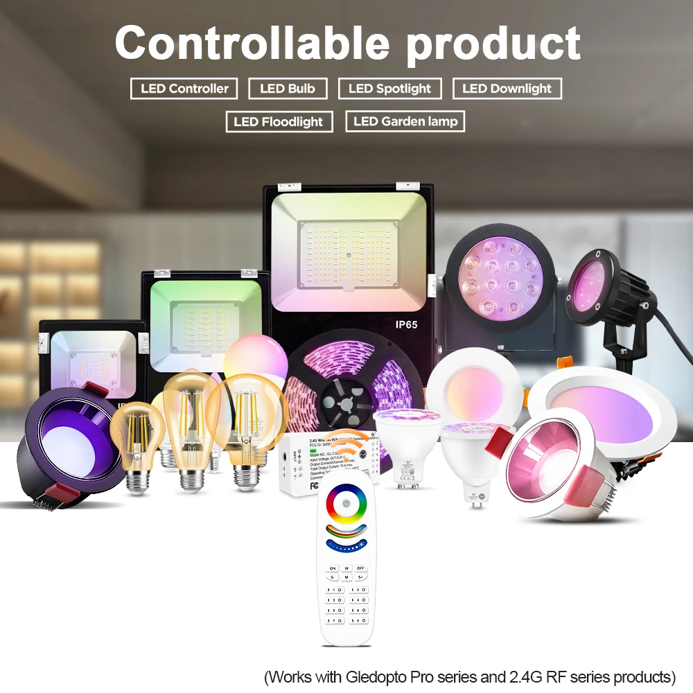 GLEDOPTO 2.4G RF Remote Control RGB Color Temp Brightness Adjustable Saturation 8-Zone Group 9 Light Modes 30M Control Distance