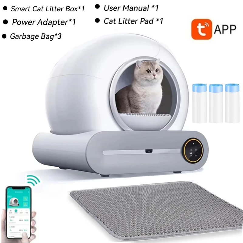 65L Slimme Zelfreinigende Kattenbak Grote Capaciteit Automatische App-besturing Gesloten Kattenbak met Kattenbakmat Afvalzakken