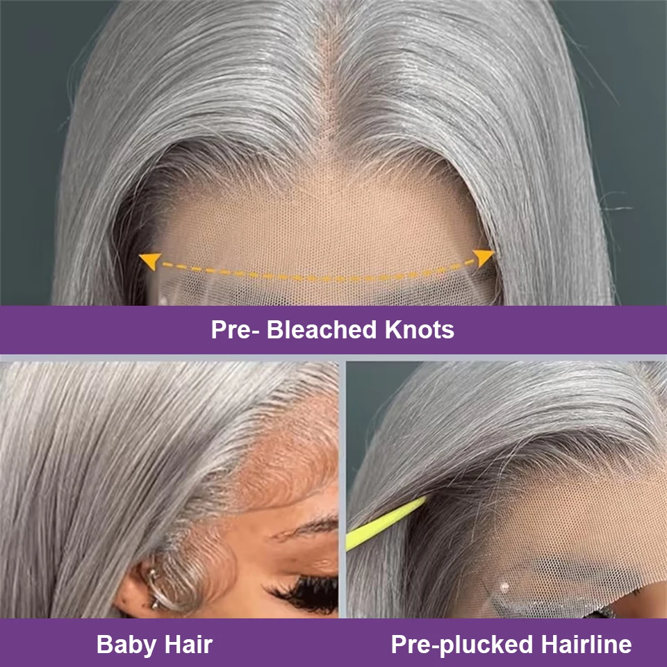Short Bob Cut Straight Wigs Silver Grey Color Lace Front Wigs Brazilian Human Hair 13x4 Full Frontal Bob Wigs For Wholesale