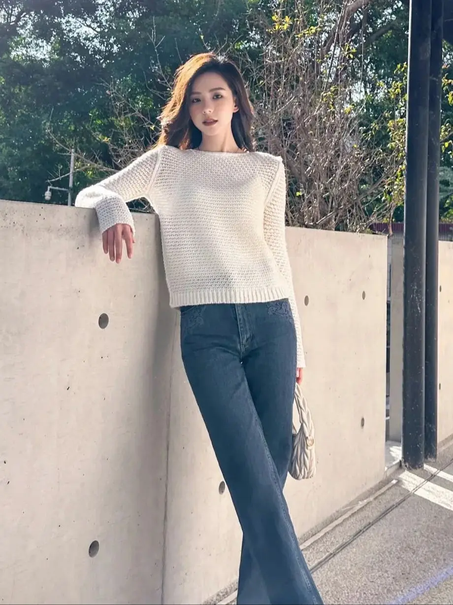 Casual 100% cashmere crocheted long sleeve pullover