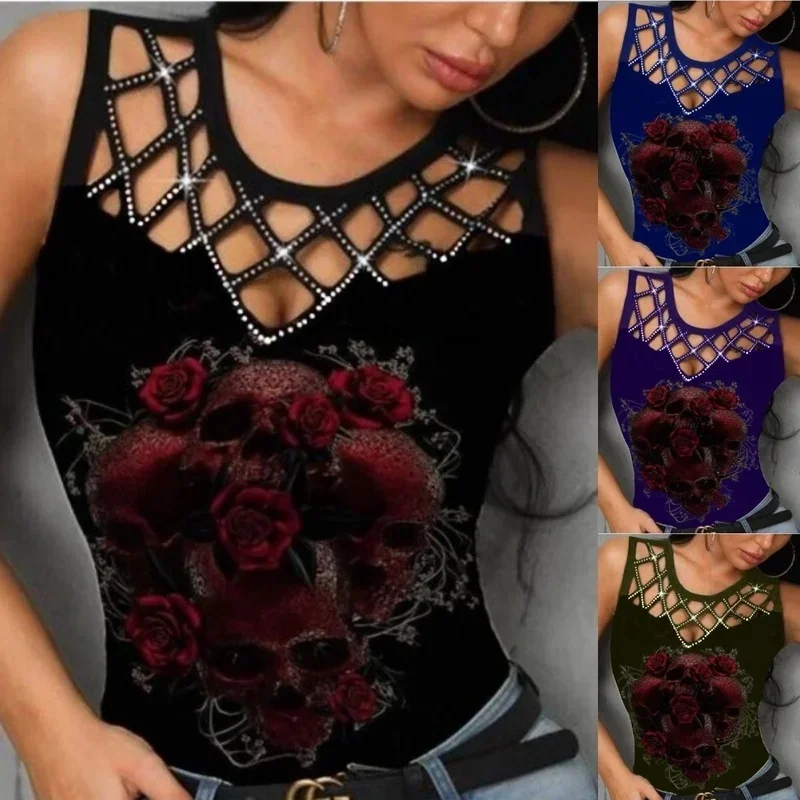 Letnia nowa damska koszulka z kamuflażem bez rękawów z nadrukiem Moda z dekoltem w szpic Seksowna moda Casualowa odzież damska — zdjęcie 2