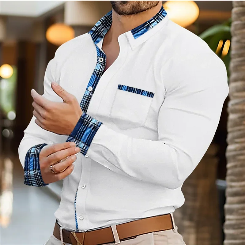 Men\'s shirt buttons casual shirt long -sleeved patchwork shirt daily fake casual comfortable casual and elegant clothing