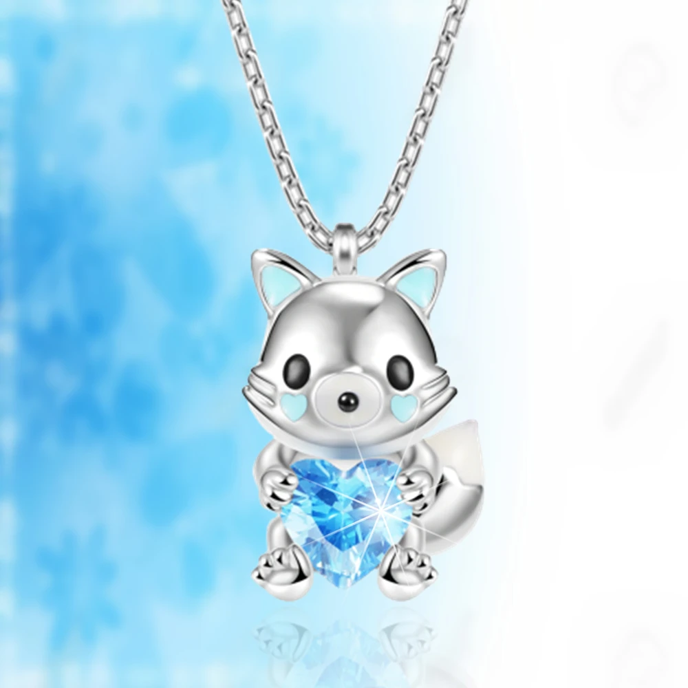 Creative Cute Arctic Fox Heart Blue Crystal Pendant Necklace for Women Exquisite Animal Jewelry Party Accessories Birthday Gifts