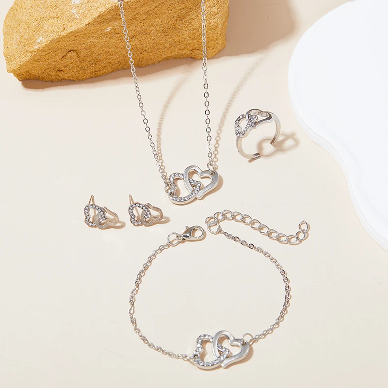 4 قطع/مجموعة من مجموعات المجوهرات العصرية والفاخرة على شكل قلب مناسبة للسيدات والقلائد والأساور والأقراط والخواتم #5