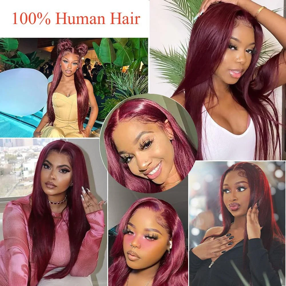 Wig Rambut Asli 26 Inch 99J Burgundy Lace Front Pre Plucked 13X4 HD Transparan Lurus Wig Rambut Asli Lace Front 200% Density