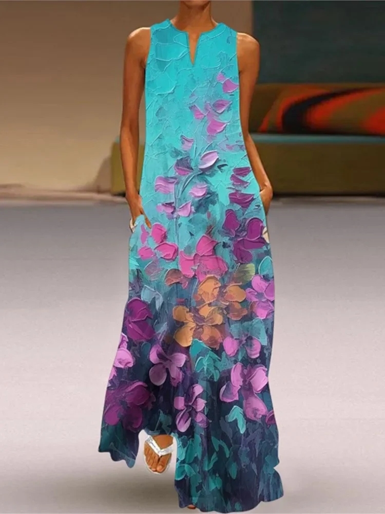 2025 Summer New Vintage Flower Printed Long Dresses Women Fashion V-neck Loose Sleeveless Dress Casual Commuting Vestidos Female — zdjęcie 2