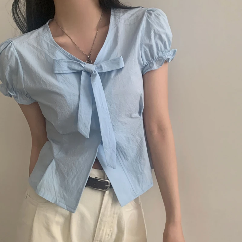 Korean style shirling puff sleeve ribbon pin chin neck short sleeve blouse