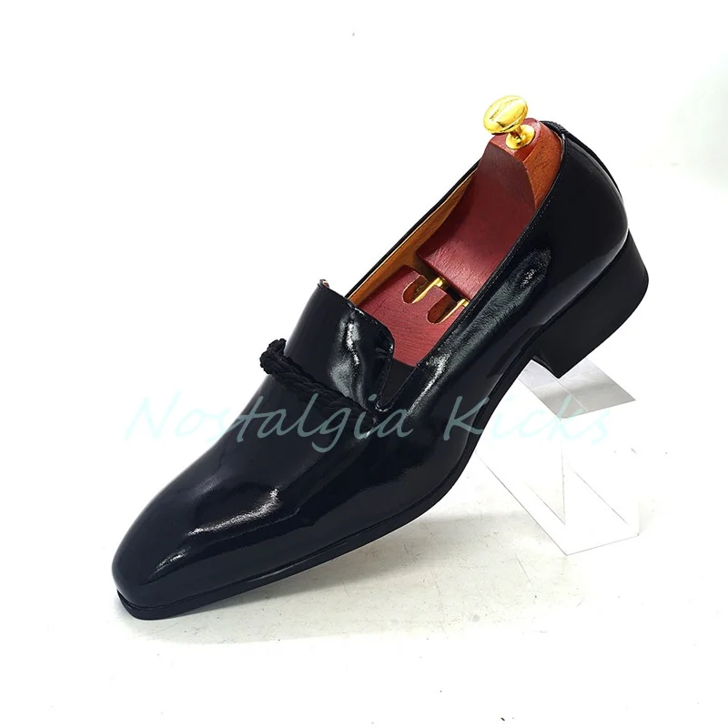

Men's Black Patent Leather Loafers Rope Detail Slip On Soft Cowhide Dress Shoes Business Oxfords Formal Male Wedding Shoes