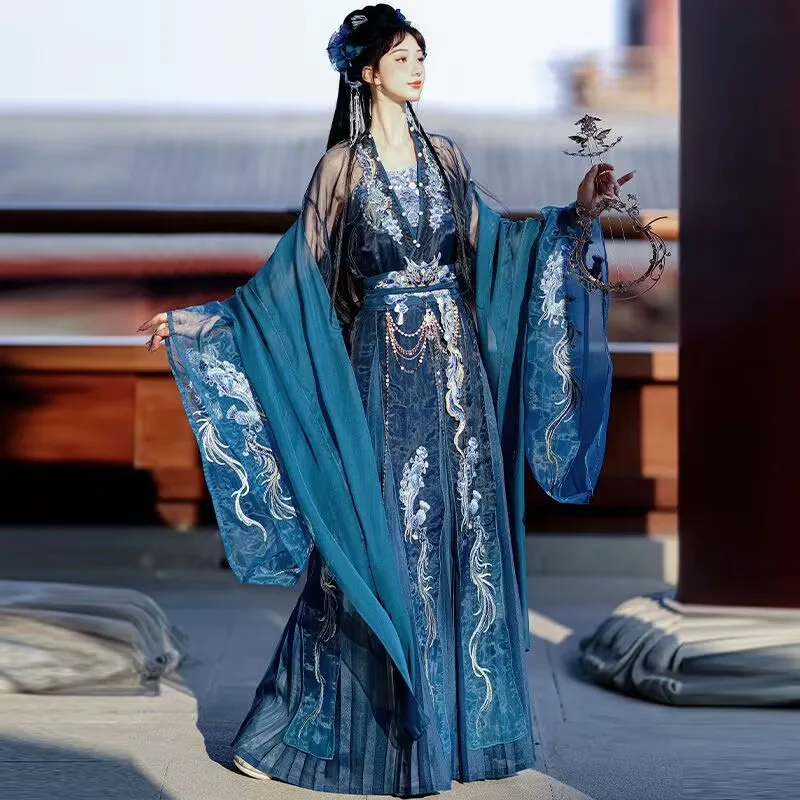 New Hanfu Dress Women Chinese Embroidered Navy Hanfu Suits Female Halloween Carnival Fairy Cosplay Costume Party Hanfu Dress