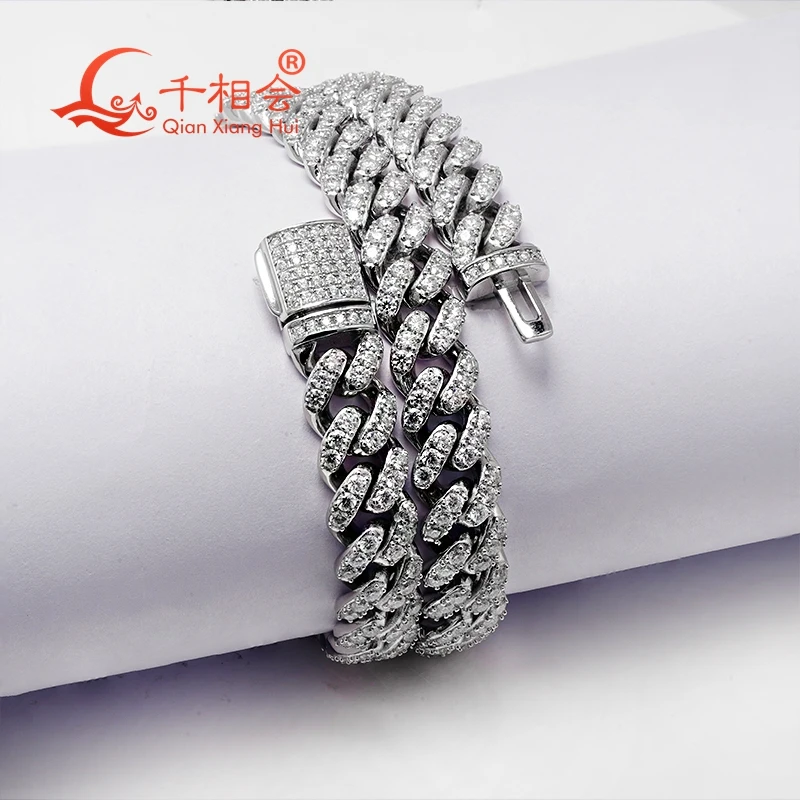 Bracelet  6mm width half moon Sterling Silver Cuban Chain Moissanite Diamond Hip Hop Style  925 Silver Miami Cuban Link Chain