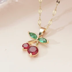 Fashion cute red cherry necklace Beautiful new red sweet fruit with green leaf charm pendant for family and friends birthday gif