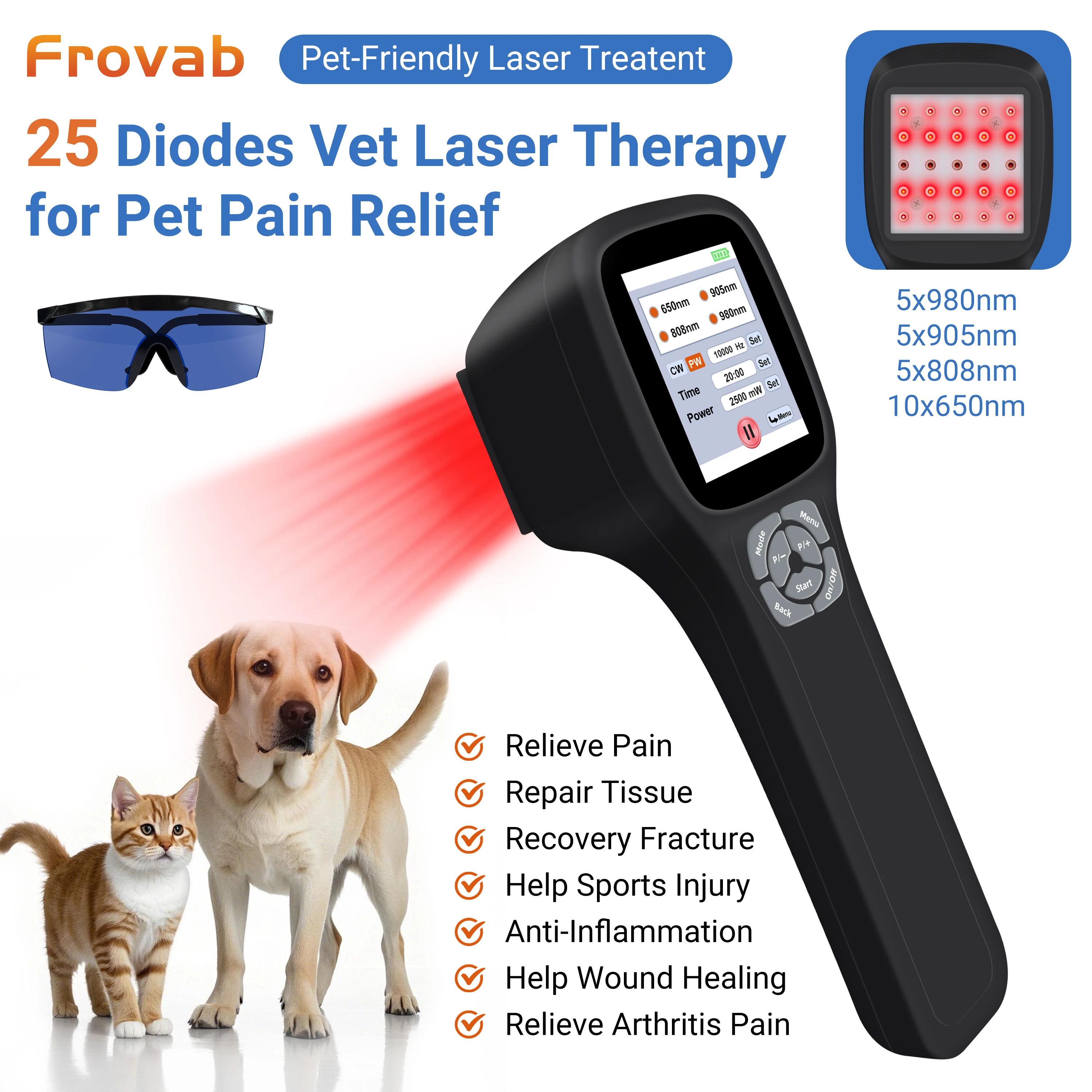 

2,8-дюймовый сенсорный ЖК-экран 2,5 Вт, устройство для холодной лазерной терапии, красный инфракрасный свет, головная боль для домашних животных