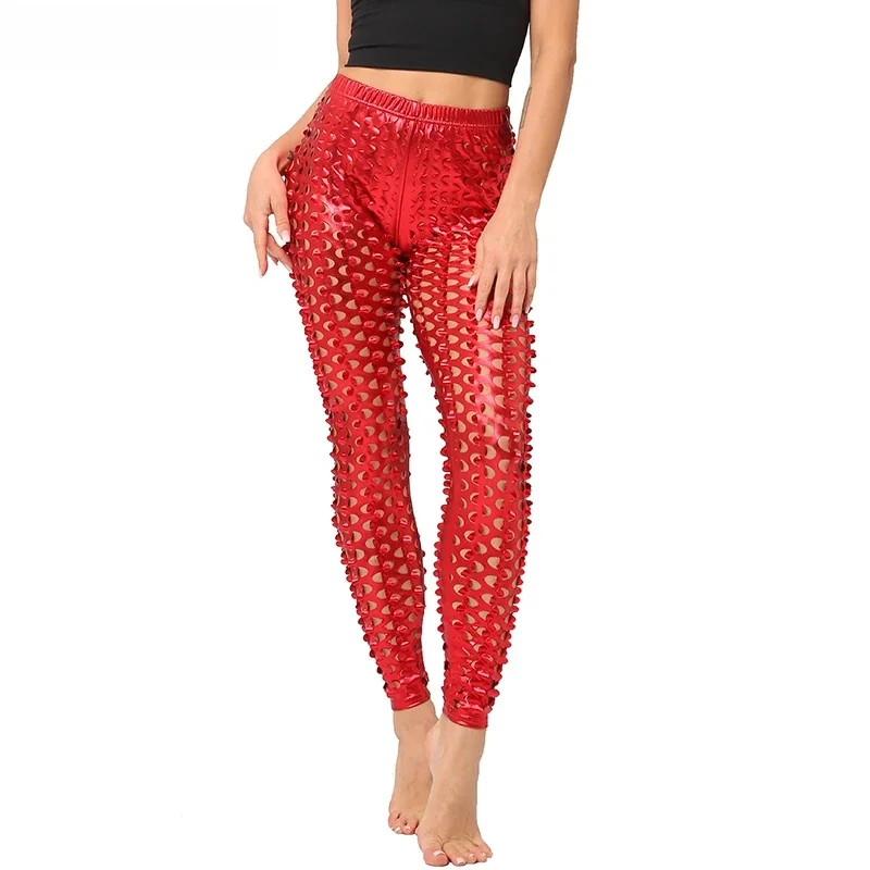 BIVIGAOS kobiety Sexy legginsy Rock Style metalowe otwory jasne Faux skórzane legginsy rybie łuski legginsy gotyckie legginsy damskie — zdjęcie 2