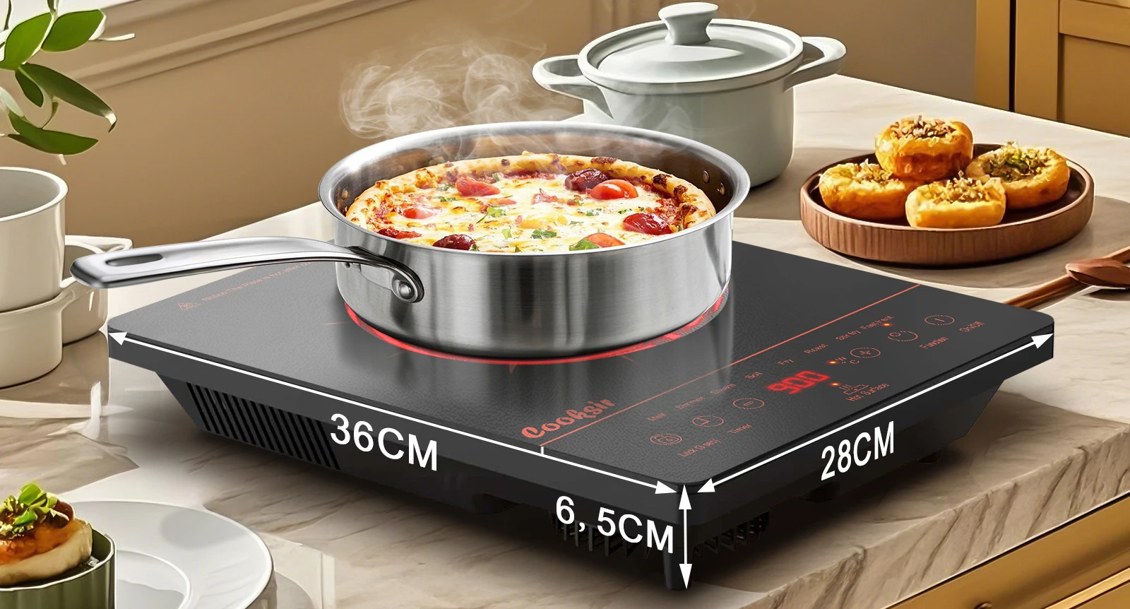 Glaskeramik-Kochfeld 1 Zone mit Stecker, Cooksir Tragbares Kochfeld 28 cm, Einzel 2000 W, Infrarot-Heizung, 4-Stunden-Timer, 220-240 V – Detail 3