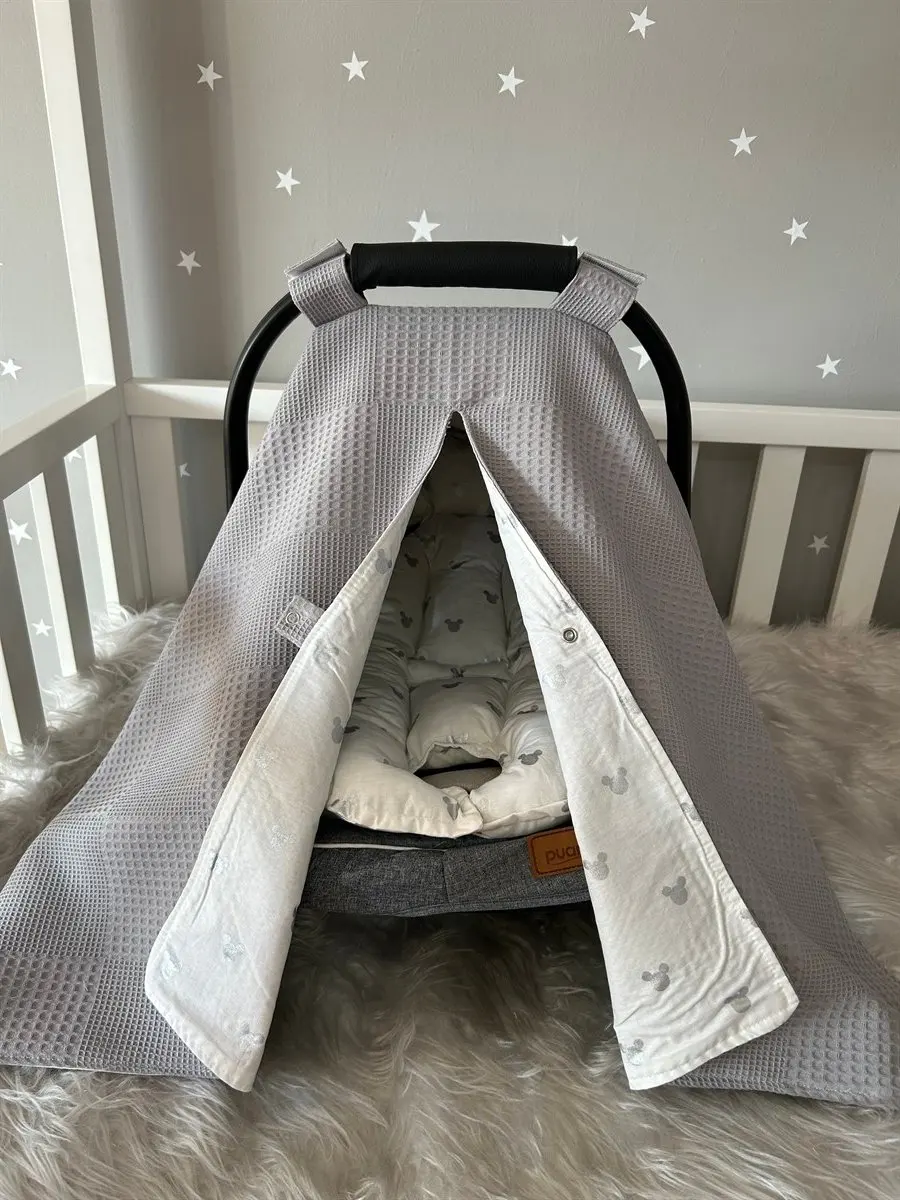 Handmade Gray Waffle Pike and Mickey Pattern Design Stroller Cover and Stroller Cushion