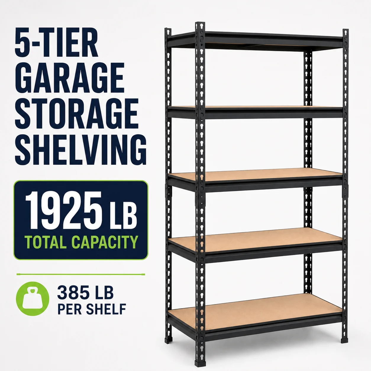 5-Tier Garage Storage Shelving Unit, 1925 Lb Total Capacity Metal Rack with MDF Shelves and Assembly Hardware for Garage Pantry Laundry Room, Black, 28' W X 12' D X 60' H