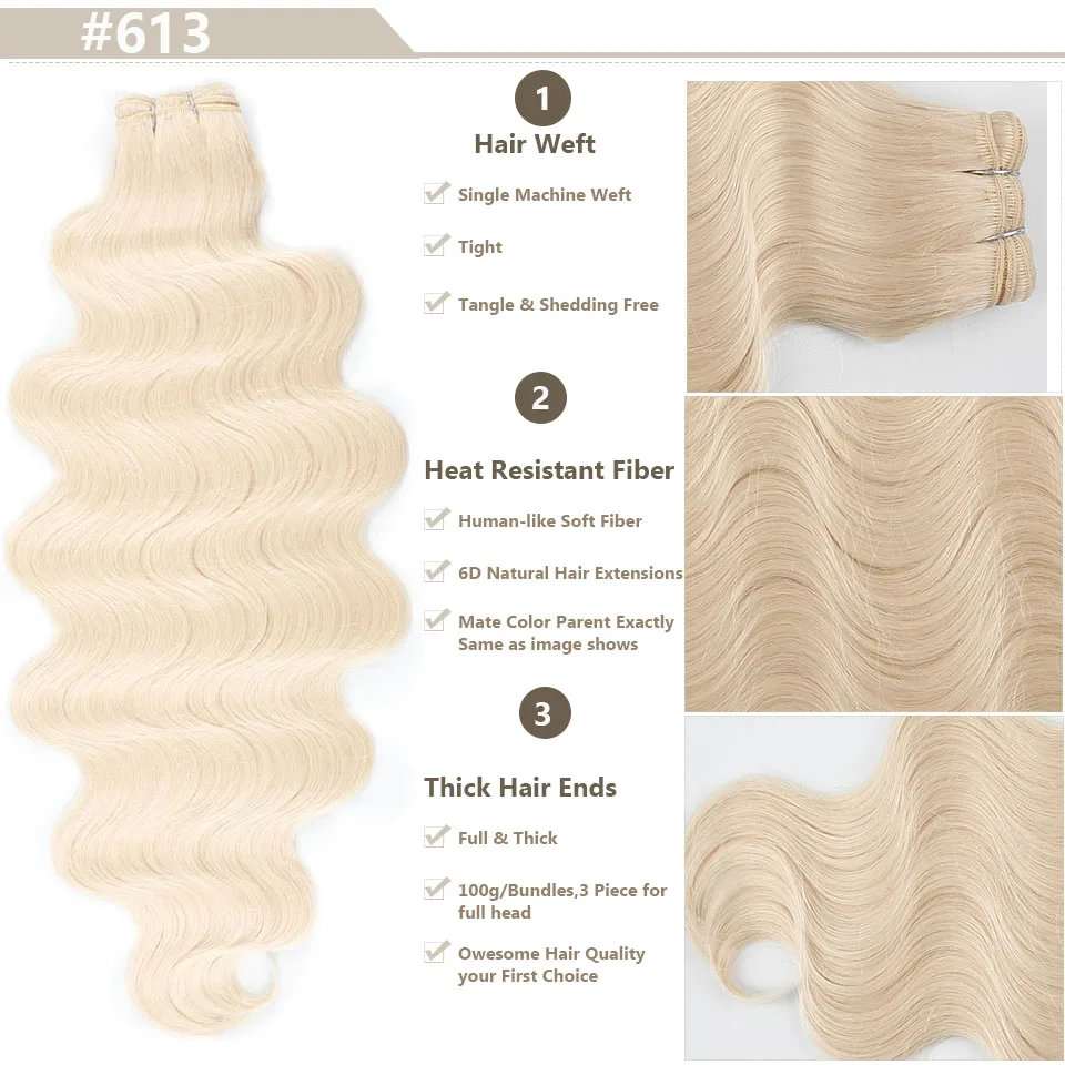 Tissage en lot synthétique Body Wave blond 613, Extension capillaire en Fiber de type humain, 26 "/30", douce et naturelle, haute température