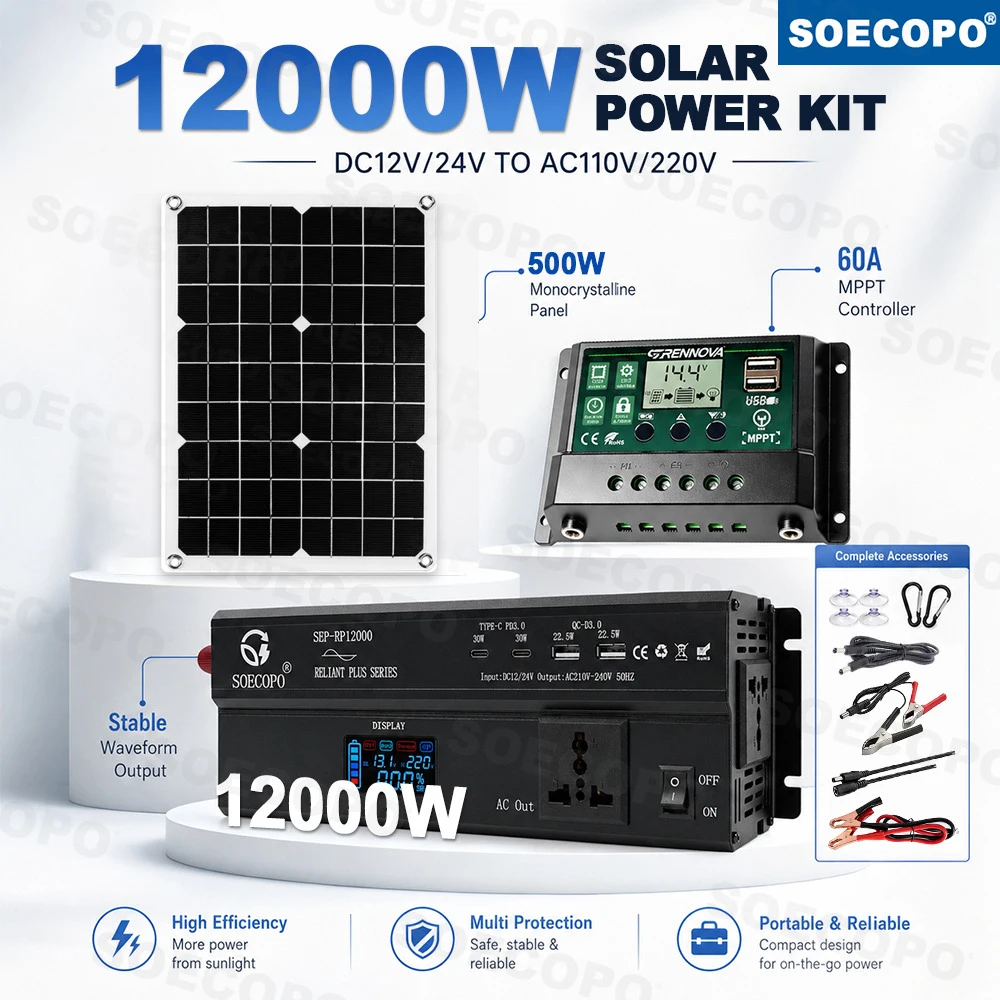 SOECOPO Solar System Kit 1000W Rated Power Inverter 12000W 12V 24V To 110V 220V 500W Monocrystalline Panel 60A MPPT Controller