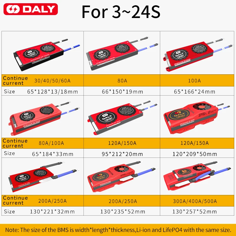 Daly smart bms balance board Li-ion LiFePO4 12V 24V 36V 48V 60V 4S 3s 8s 10s 12s 13s 16s 20s 24s  30A 100A 500A BT RS485 CAN