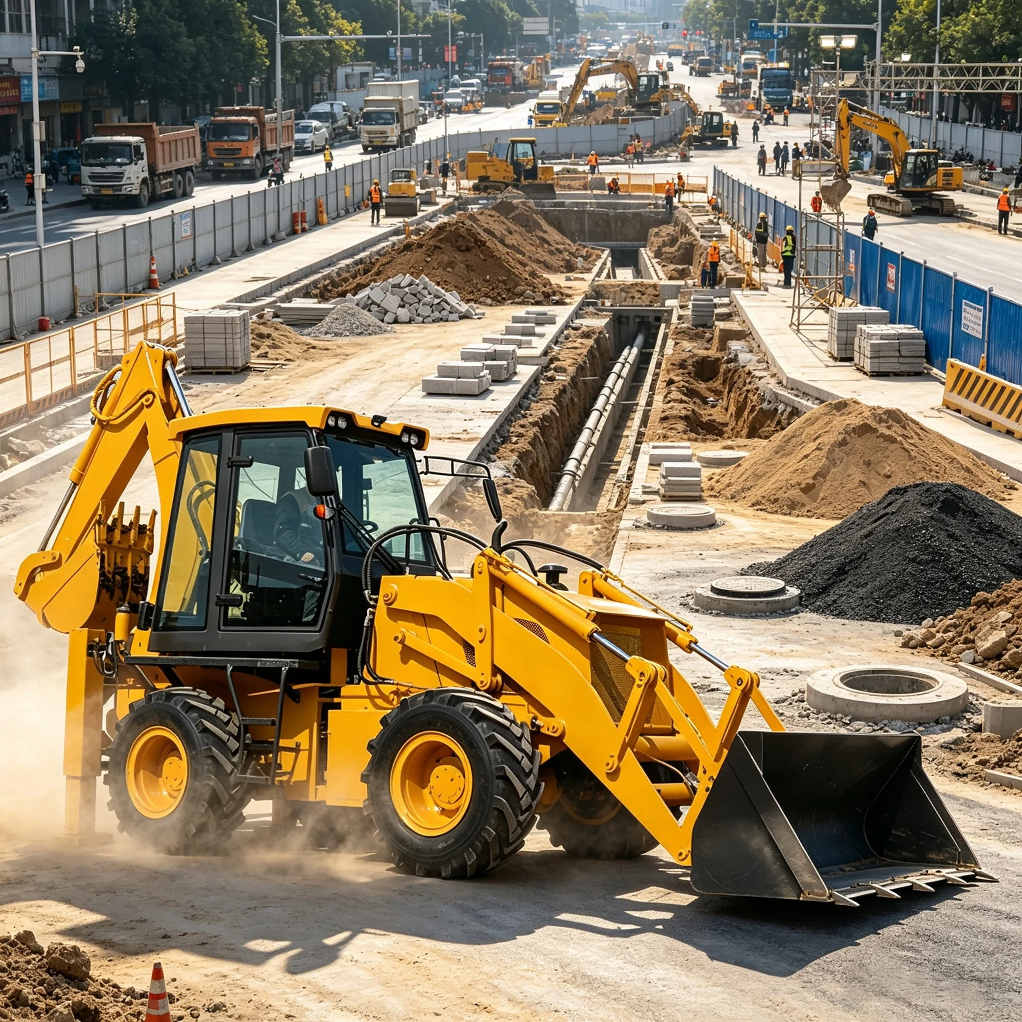 Narrow space accessible Dustproof engine cover narrow backhoe loader backyard backhoe loader municipal backhoe loader