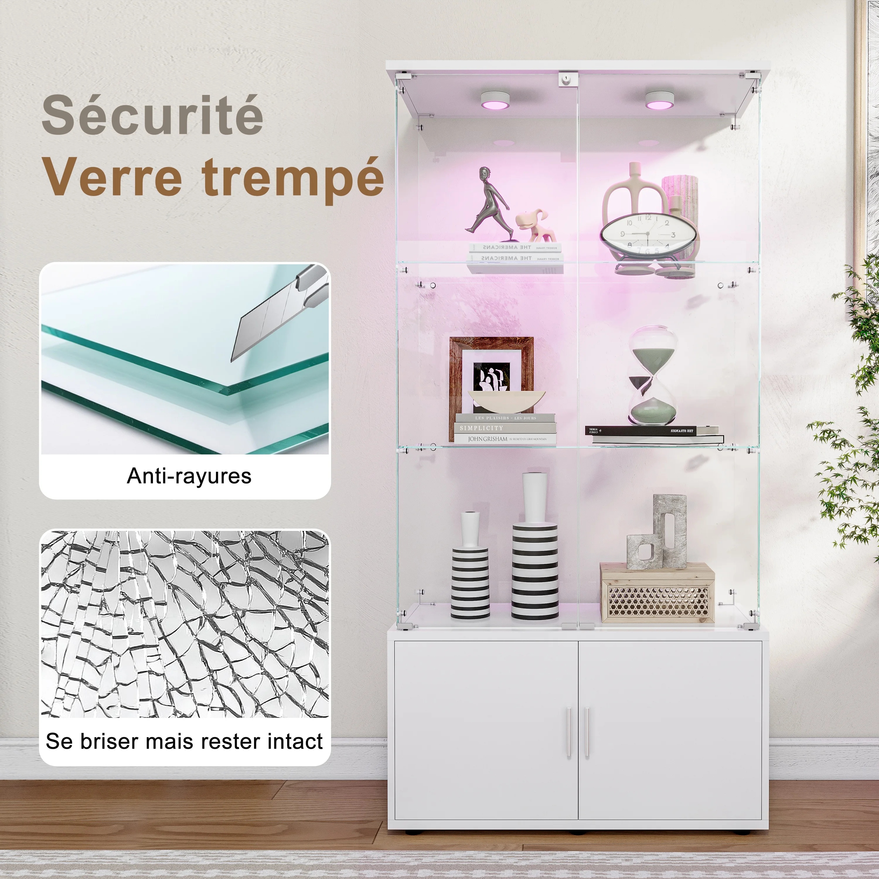 Rosahqnda Vitrine LED en verre 78x35x164cm, avec 3 étagères et portes doubles, armoire de curiosité de salon Armoire vitrine moderne