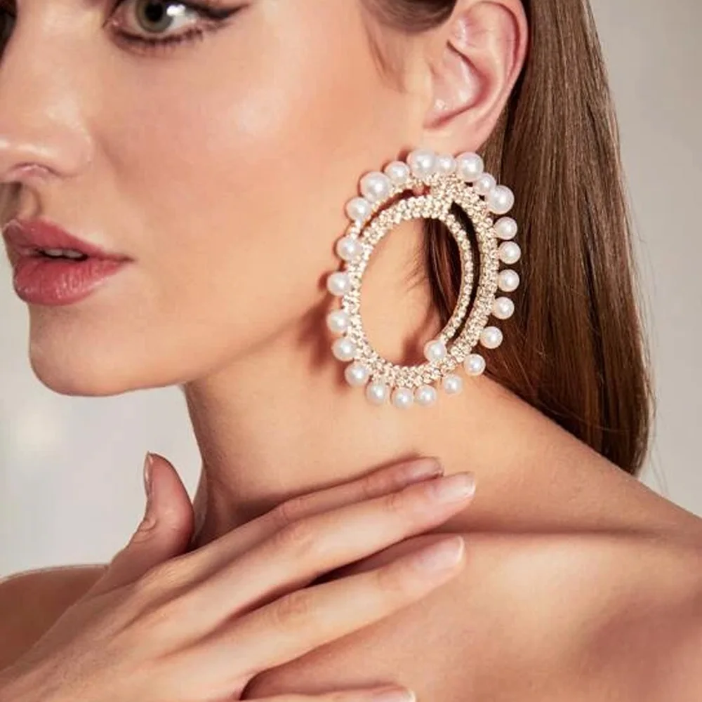 Stonefans Exaggerated Pearl Double Hoop Earrings for Women Rhinestone Big Stud Earring Drag Queen Jewelry