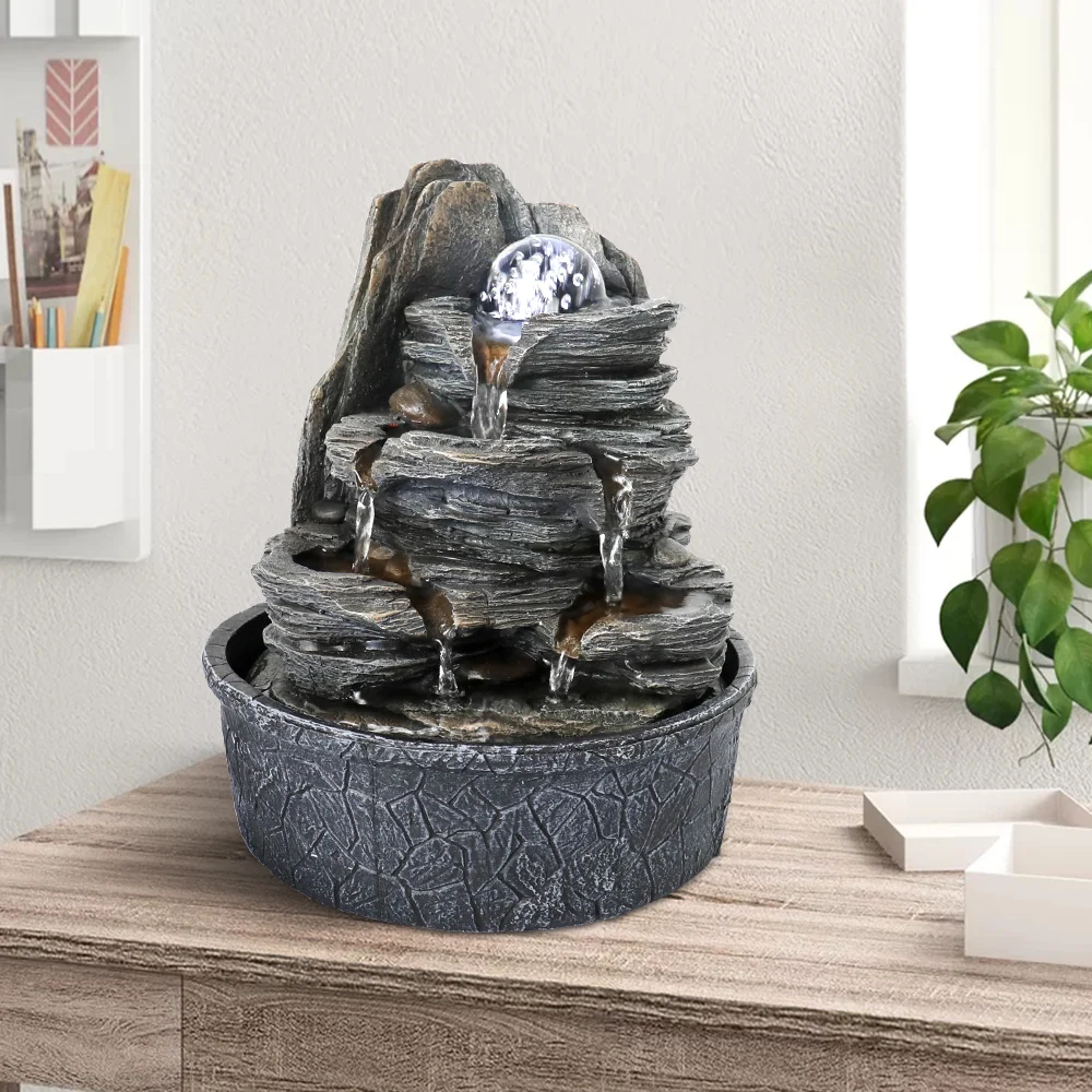 

Rockery Indoor Cascading Fountain,9.8'' Zen Meditation Desktop Fountain with LED Lights and Crystal Ball for Home Office Bedroom