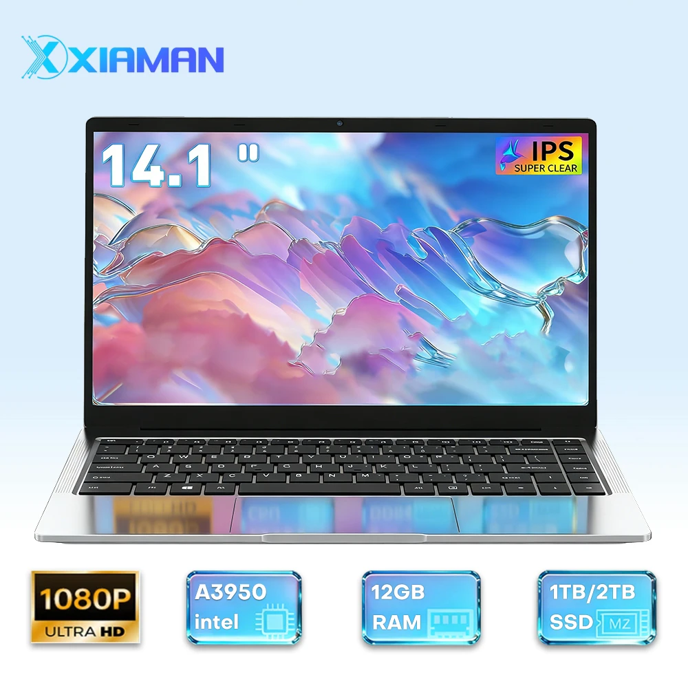 Computadora Portátil Xiaman de 14.1 Pulgadas con Intel Atom A3950, Windows 11, 12 GB de RAM, 512 GB, 1 TB, 2 TB SSD, Computadora Portátil para Oficina y Estudio