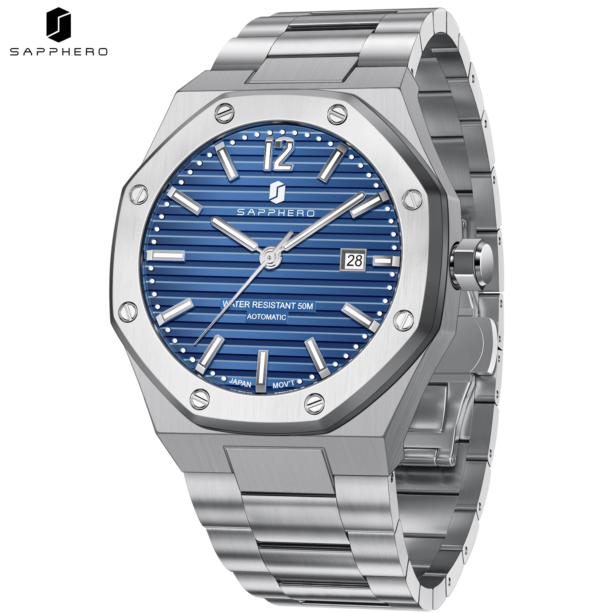 

SAPPHERO Men Automatic Watch Stainless Steel Luxury Sport Wristwatch 50M Waterproof Date Business Elegant Durable Gift