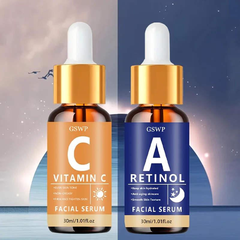 Conjunto de sérum de vitamina C e retinol GSWP, C para o dia, A para a noite. Hidratação durante todo o dia. Alivia a secura. Amacia a pele. 60ml