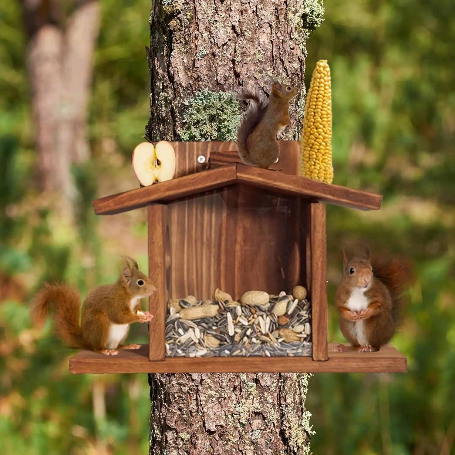 1 Set Hölzernes Eichhörnchen-Futterhaus, Outdoor-Garten-Wildtier-Fütterungsstation für Eichhörnchen und Vögel, Hängende Tierfutterstation für den Garten, Geschenk für Natur- und Gartenliebhaber