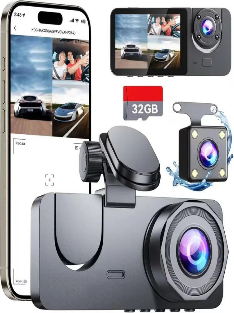 Kamera samochodowa z potrójnym obiektywem, 2,1 cala, 1080P Full HD, sterowanie przez aplikację WiFi, czujnik G, rejestrator jazdy z opcjonalnym GPS i monitoringiem parkowania. — 2