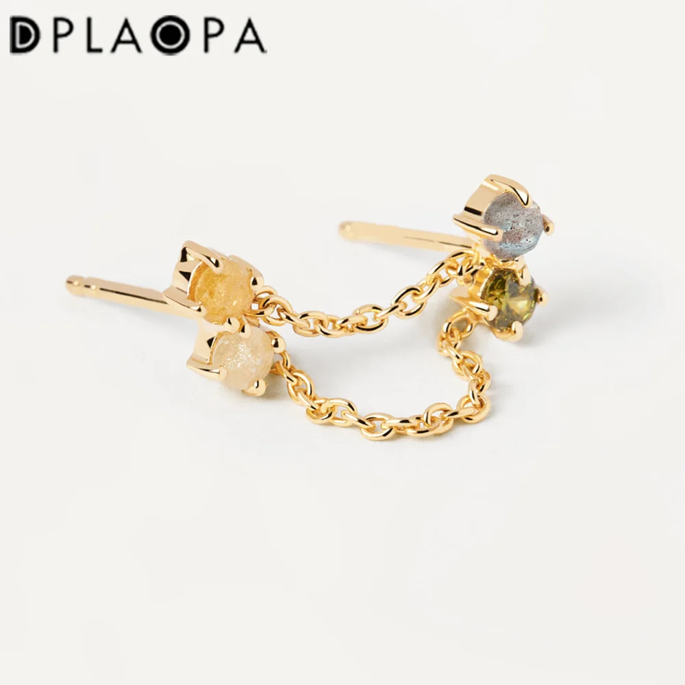 DPLAOPA New 925 Sterling Silver Two Hole Chain Stud Earring Rainbow Piercing Women Rock Punk Fine Jewelry Pendientes