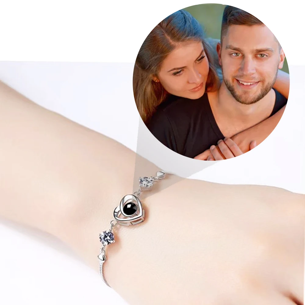 

Custom Photo Projection Bracelet with Heart Charm Pendant for Women Mom Birthday Personalized DIY Picture Memorial Jewelry Gift