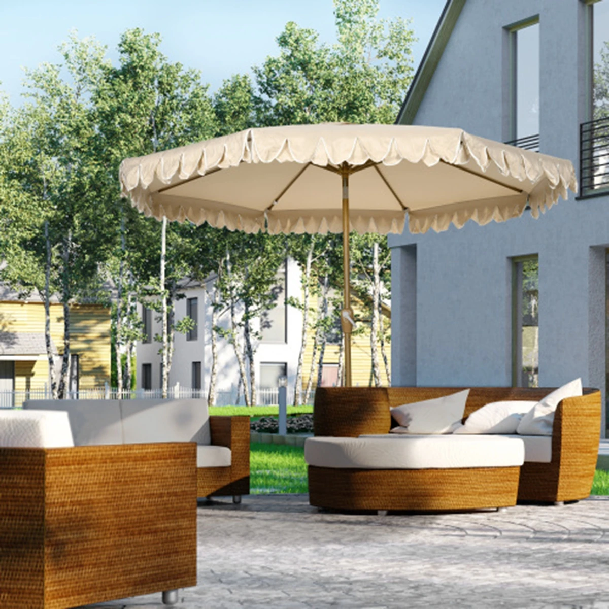 Sombrilla de Playa Ø264 cm con Flecos, Inclinación Ajustable, 8 Varillas, Sombrilla de Patio para Jardín y Balcón, Color Caqui