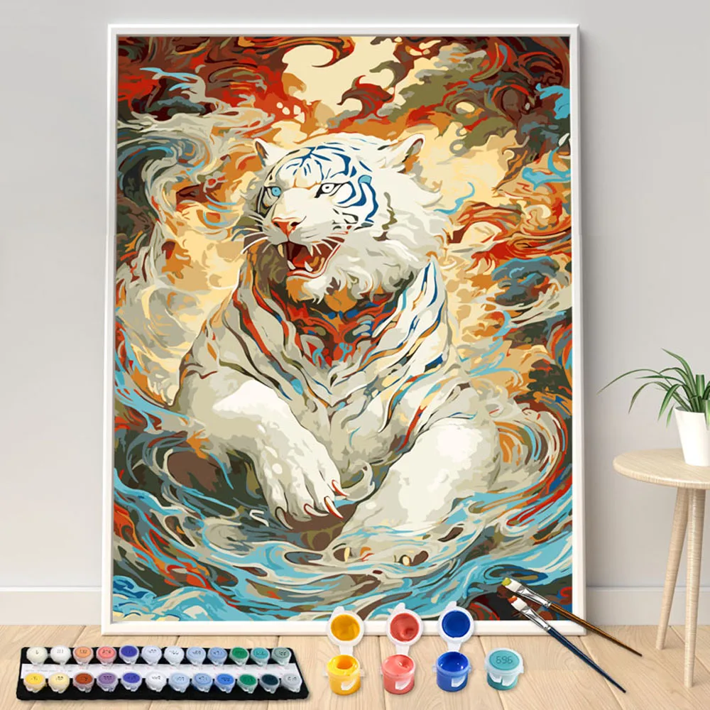 Hand Painted Fantastic Magic White Tiger Acrylic Painting by Numbers Kit Seascape DIY Acrylic Artwork Canvas Art Gift Home